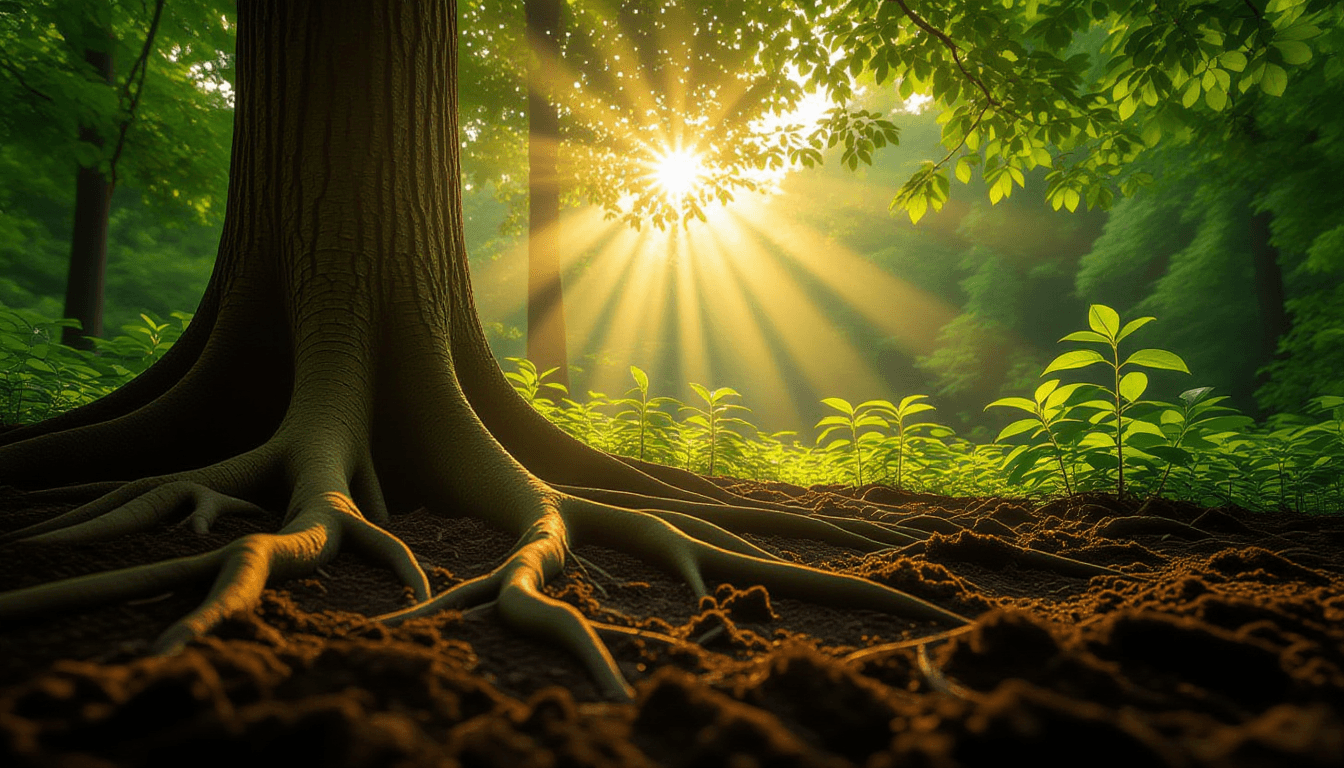 Sunlight filters through a dense forest canopy, illuminating intricate root systems gripping rich so