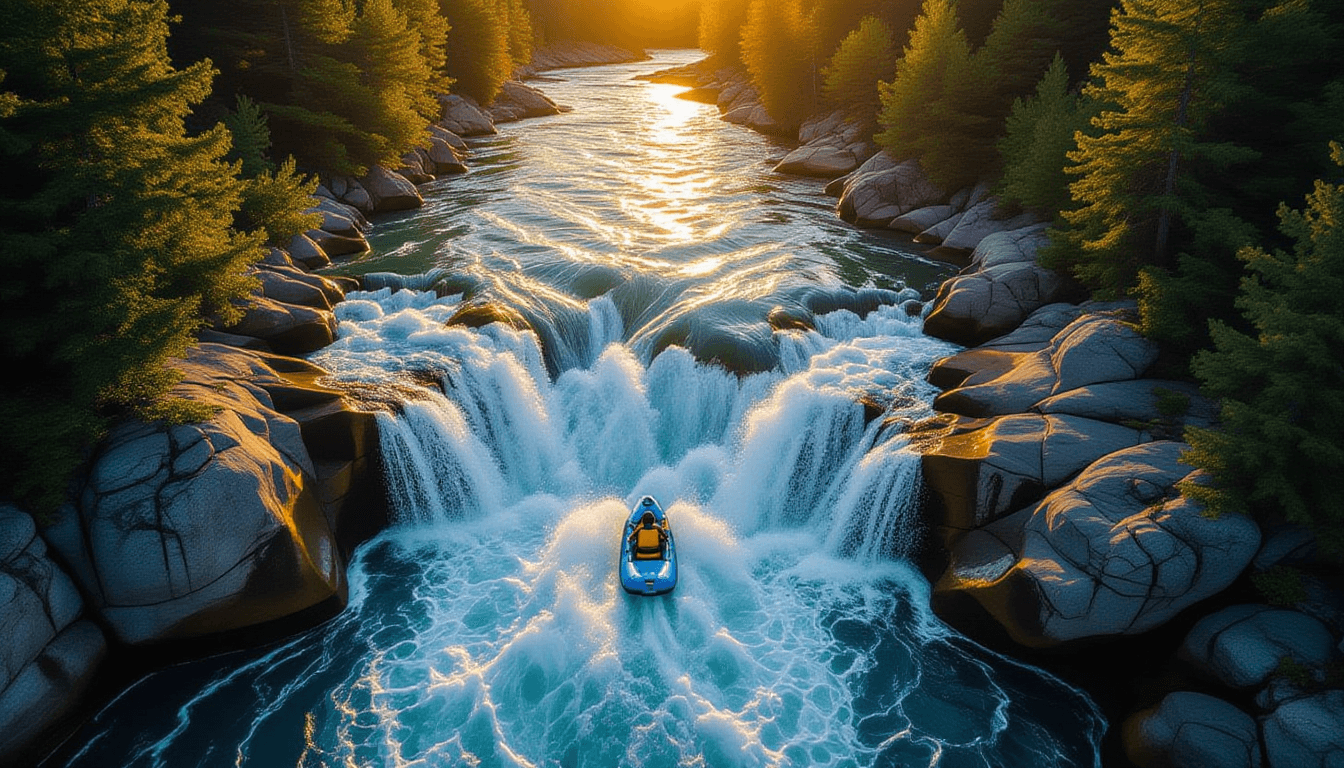 Turbulent river rapids carving through smooth stone, capturing the raw, unfiltered power of an in-ho