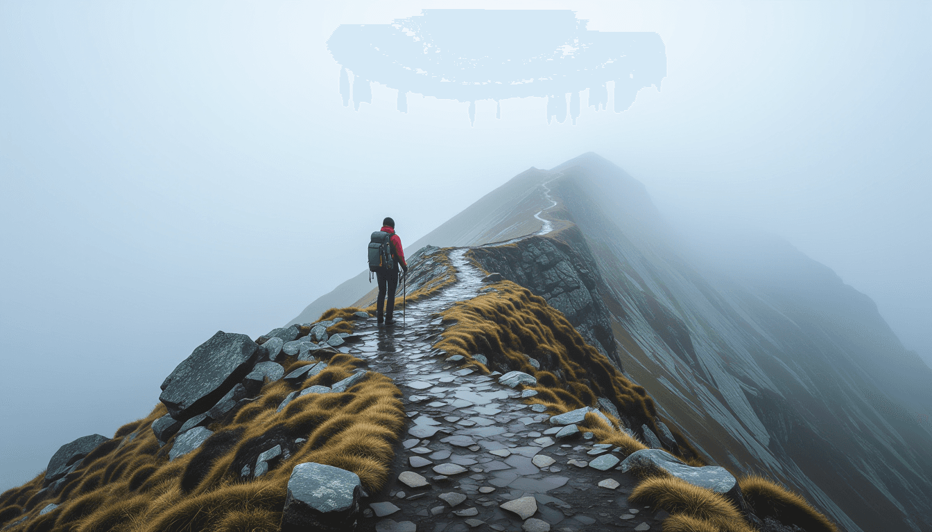 A lone hiker pauses on a narrow, windswept mountain pass, the rugged trail snaking precariously belo
