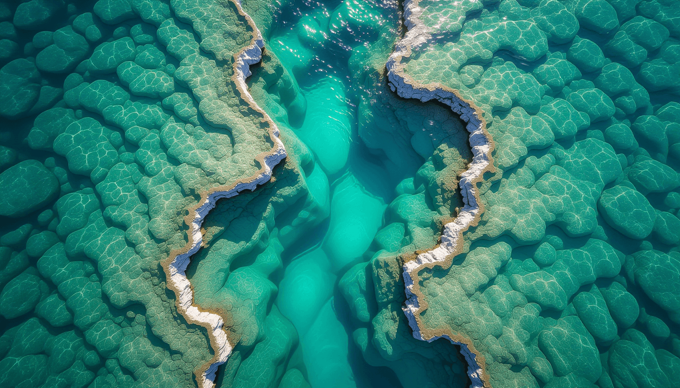 Aerial view of crystal-clear river currents carving precise, luminous channels through deep blue sto