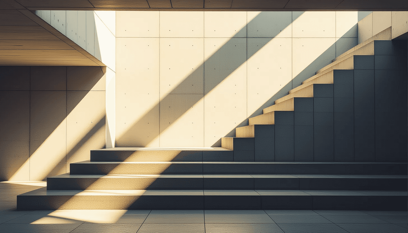 Golden hour light slices through the rigid geometry of a concrete staircase, casting sharp, intersec