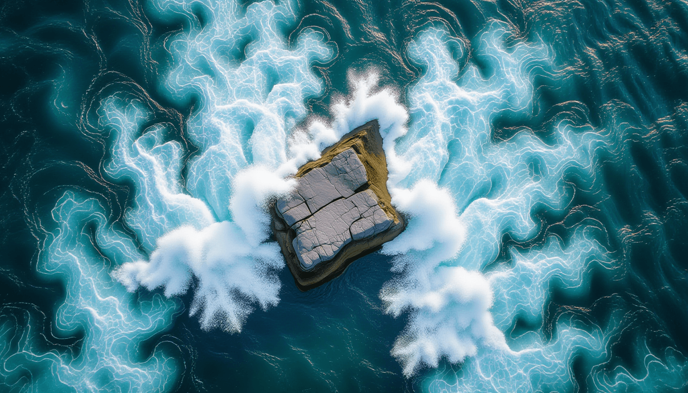 Aerial shot of a river splitting around a sharp rock, creating chaotic white ripples that disrupt th