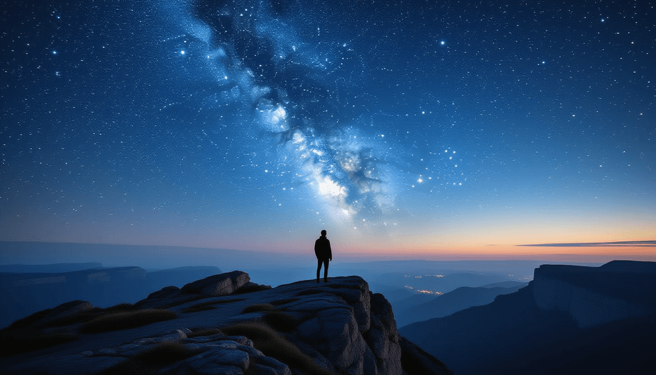 A lone figure stands on a rugged cliff edge at twilight, silhouetted against a vast starfield. The s