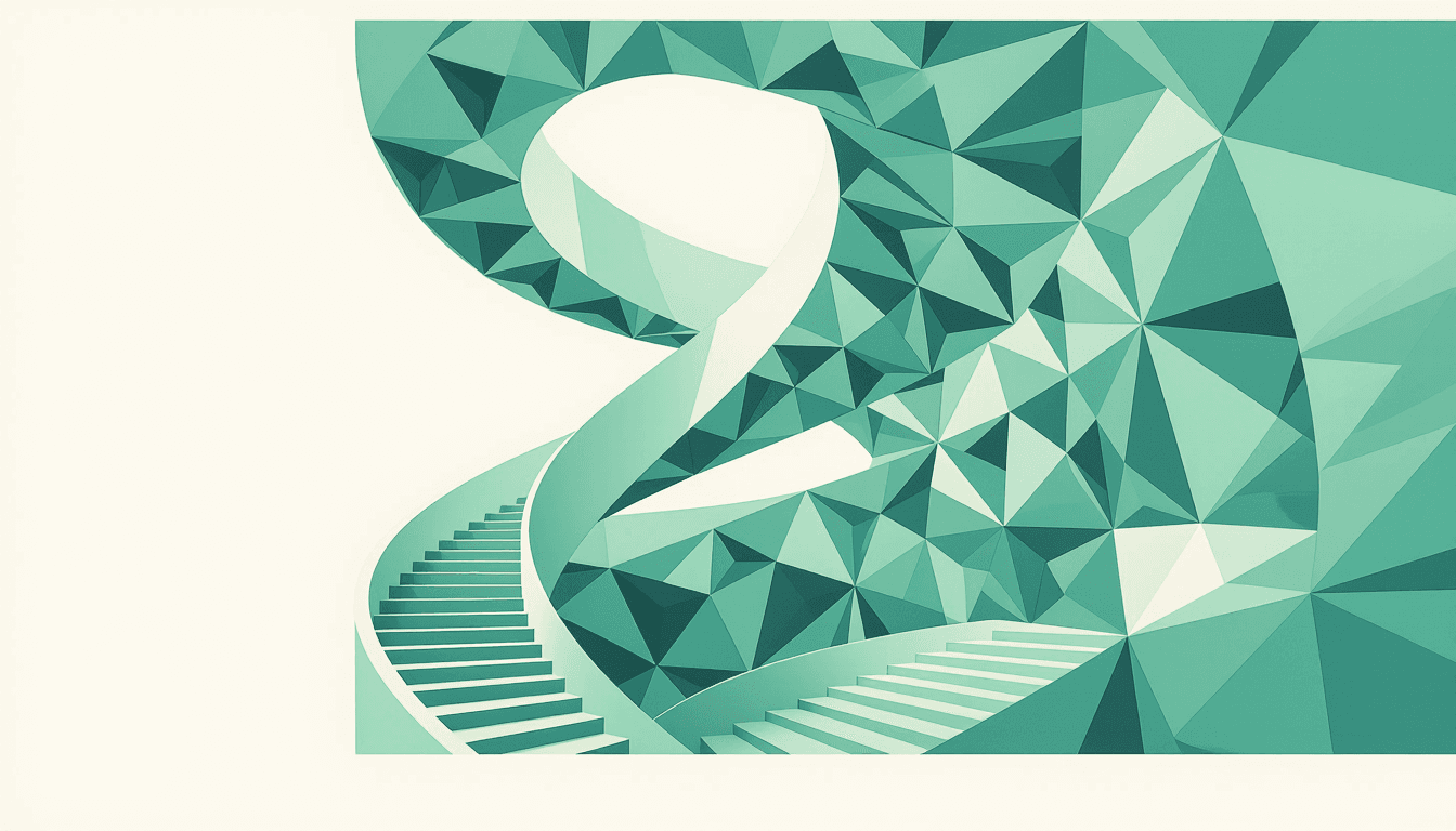 A spiraling staircase of interlocking geometric pavilions ascends toward a luminous apex, where stru