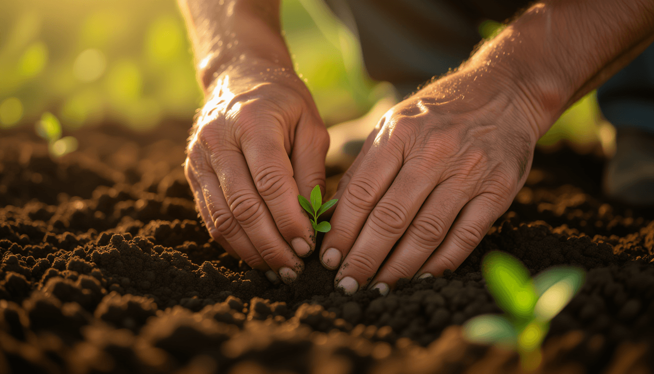 Golden hour light spills over weathered hands kneading dark earth, fingers pressing into the soil to