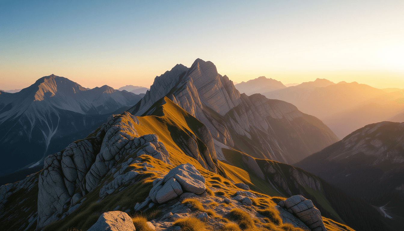 Golden hour light bathes a rugged mountain ridge, illuminating sweeping valleys below with warm, exp