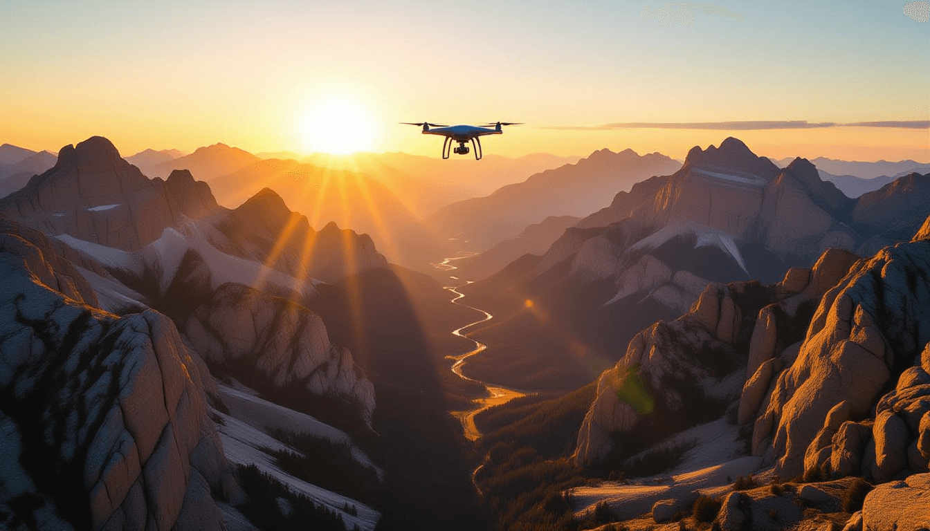 Aerial drone shot soaring over jagged mountain peaks at golden hour, capturing the vast, unbroken ex