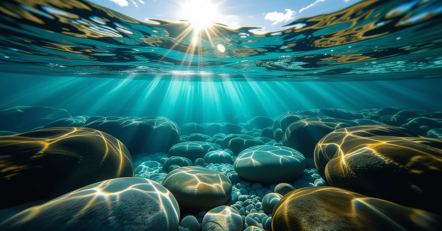 Sunlight fractures through the deep turquoise current of a coastal tide pool, capturing the fluid mo
