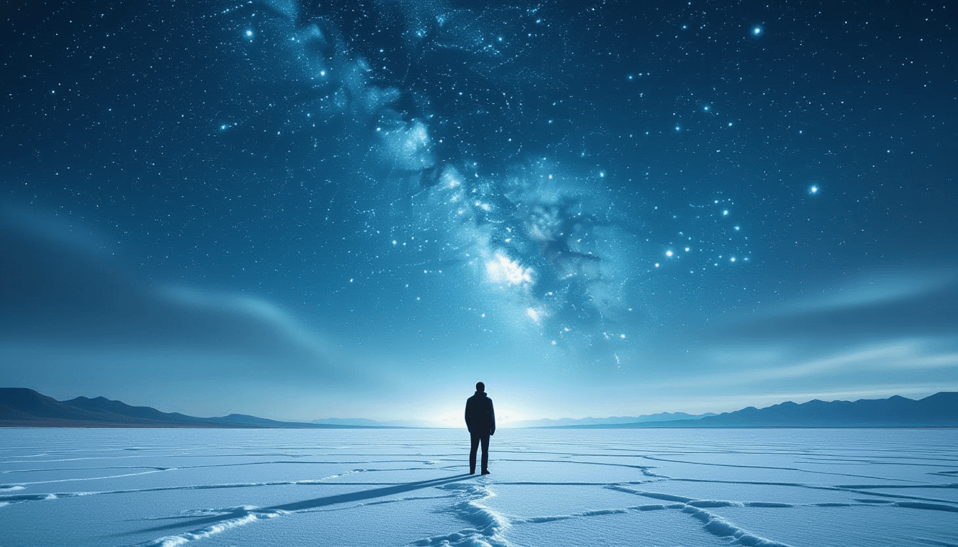 A lone figure stands on a desolate salt flat, dwarfed by a vast twilight sky where faint constellati