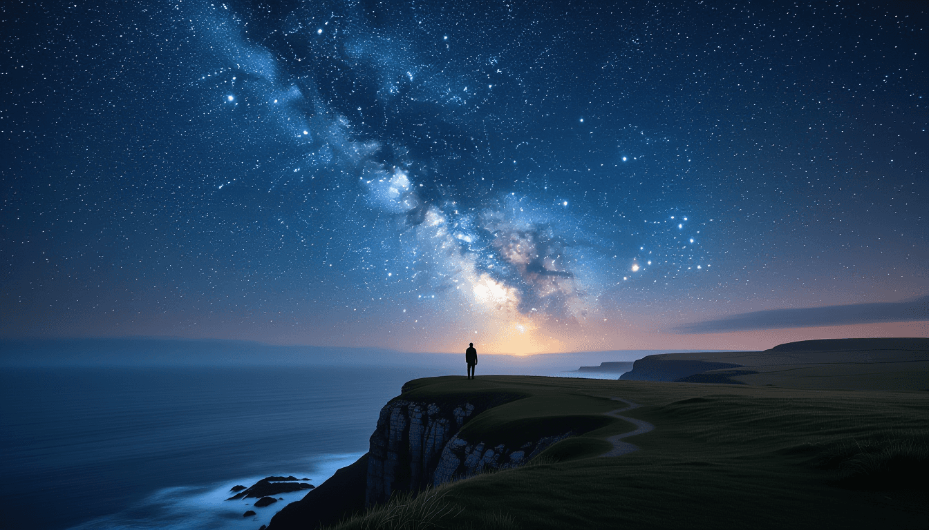 A lone figure stands on a windswept cliff edge at twilight, silhouetted against a vast, star-strewn