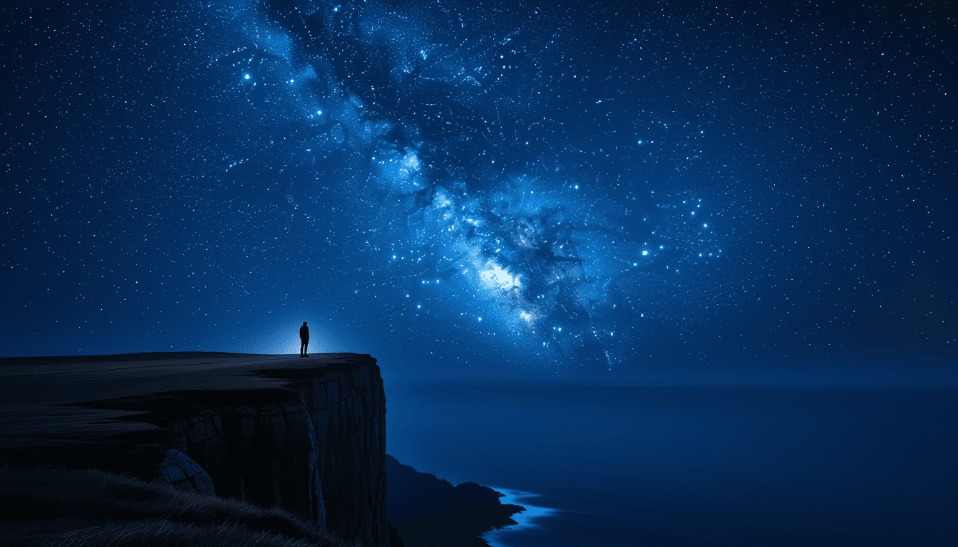 A lone figure stands silhouetted on a windswept cliff edge, gazing up at the Milky Way’s dense starf