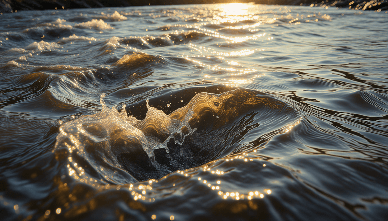 Sunlight fractures across a turbulent river's surface, where muddy eddies swirl into chaotic pattern
