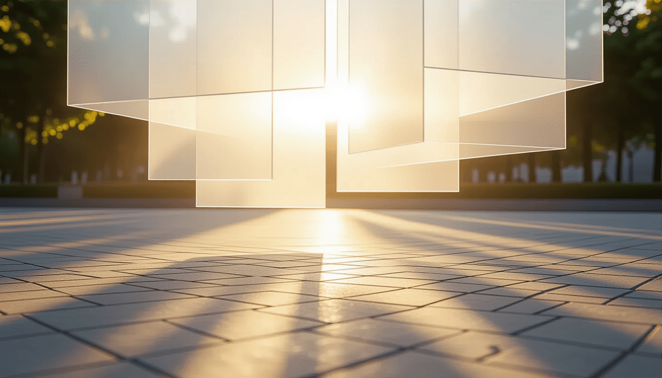Sunlight pierces through layered, translucent acrylic planes suspended over a tessellated stone floo