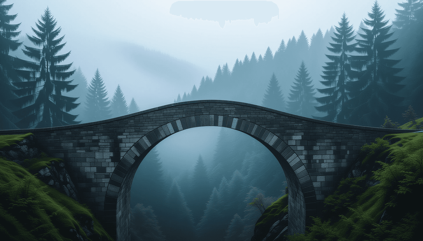 A weathered stone bridge arches over a deep, shadowed chasm, framed by misty pine forests under over