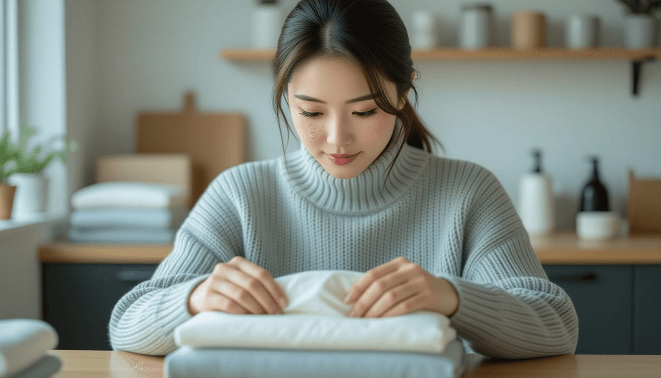 East Asian woman in her twenties folds a grey sweater into cream tissue at a packing table, her focu