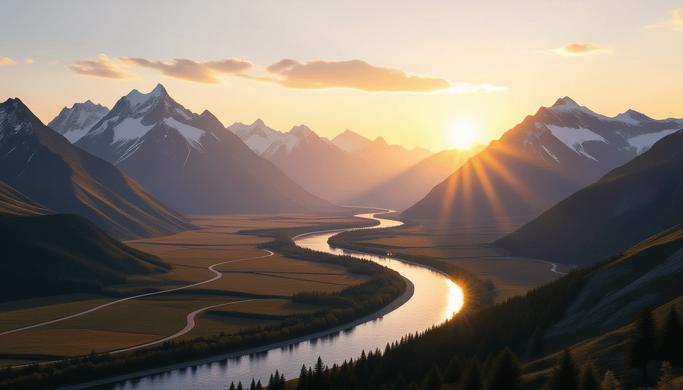 Golden hour light washes over a vast, winding river valley where jagged mountain peaks tower in the