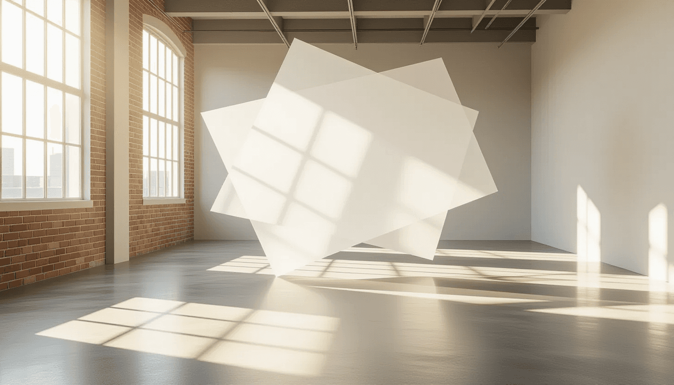 Translucent geometric planes float in a sun-drenched loft, their layered edges catching sharp aftern