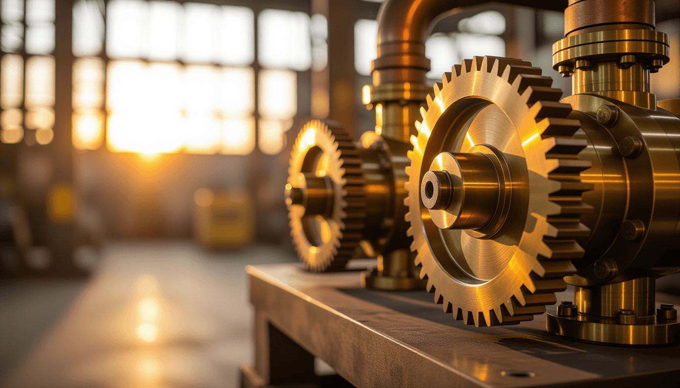 Shallow depth of field captures brass gears and copper pipes in sharp focus, reflecting the warm glo