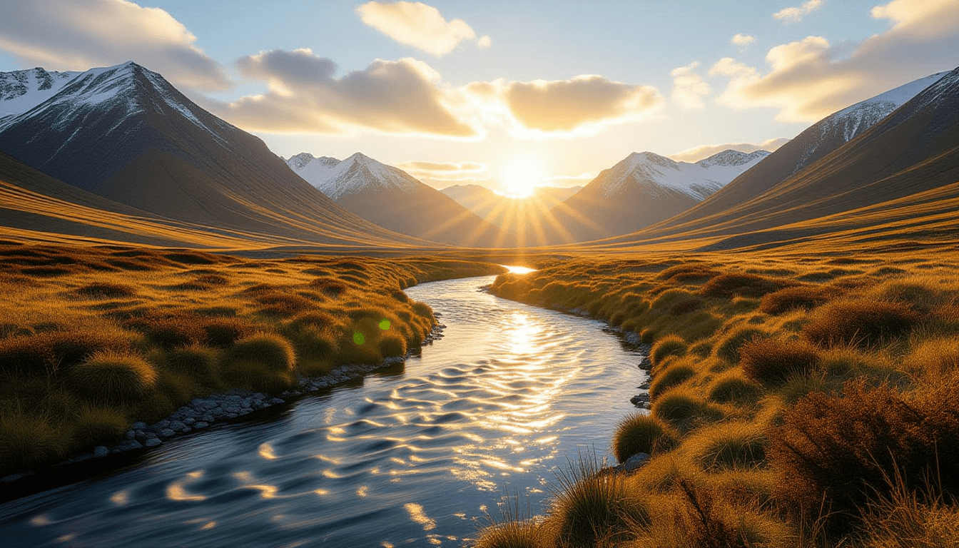 Golden hour light spills across a winding river valley, carving a natural path through rugged mounta