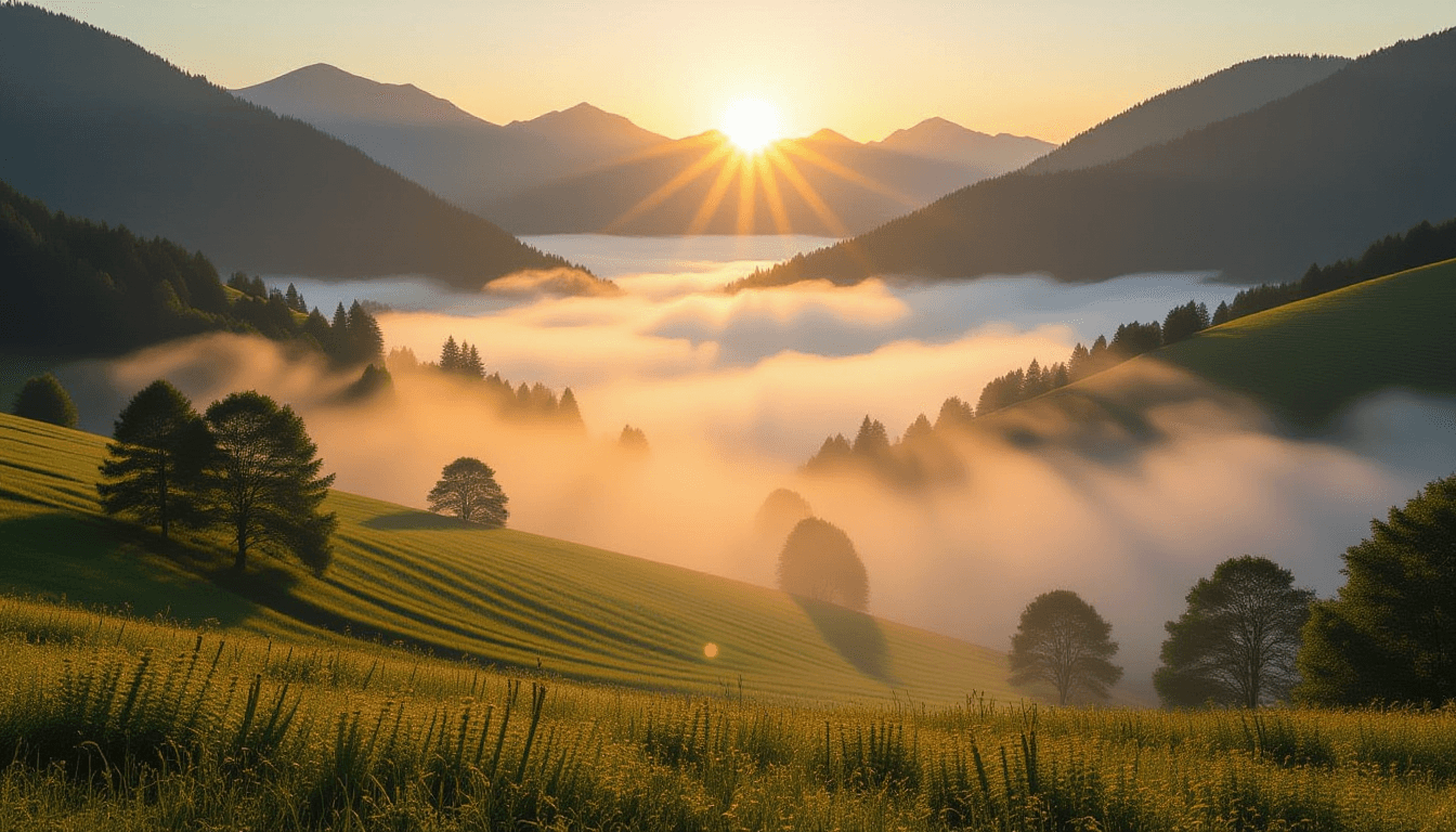 Dawn breaks over a misty valley, where sharp golden sunbeams cut through the fog, illuminating layer