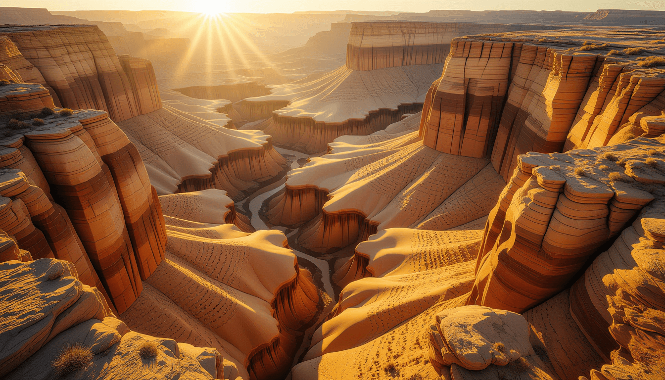 Golden hour light carves deep shadows into a jagged, eroded canyon wall, highlighting the stark, wea