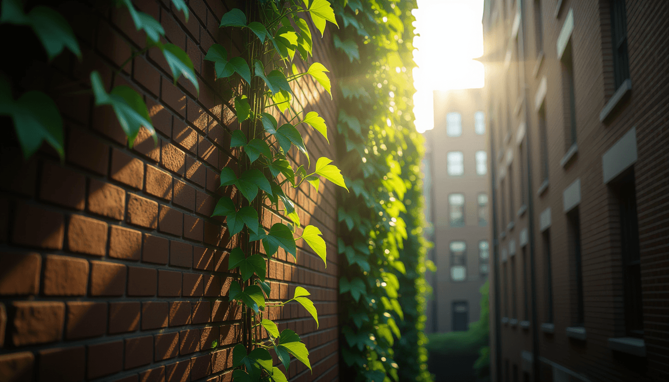 Sunlight filters through a dense urban canopy, illuminating fresh green vines climbing weathered bri