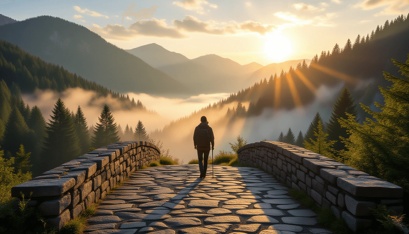 A lone hiker crosses a weathered stone bridge over a misty valley at golden hour, the winding trail