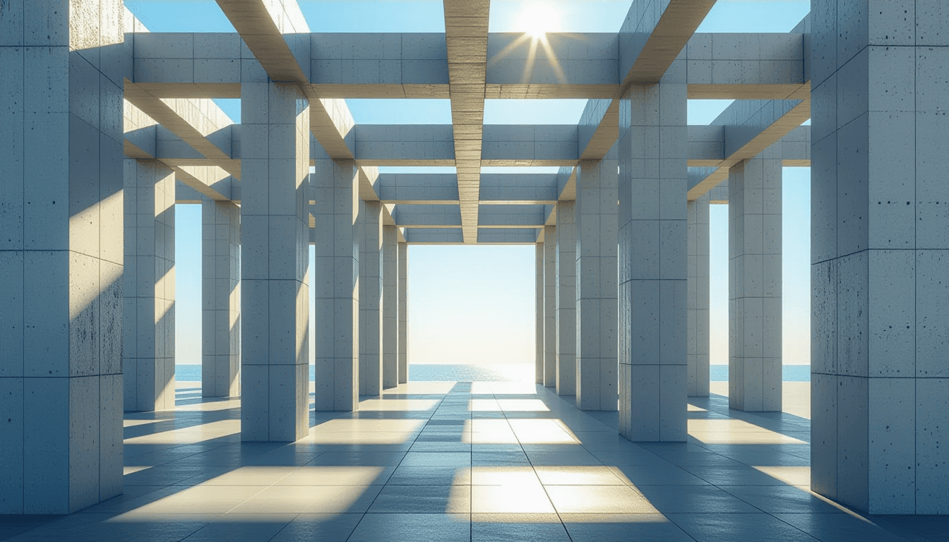 Sunlight fractures through the geometric lattice of a concrete pavilion, highlighting the stark cont