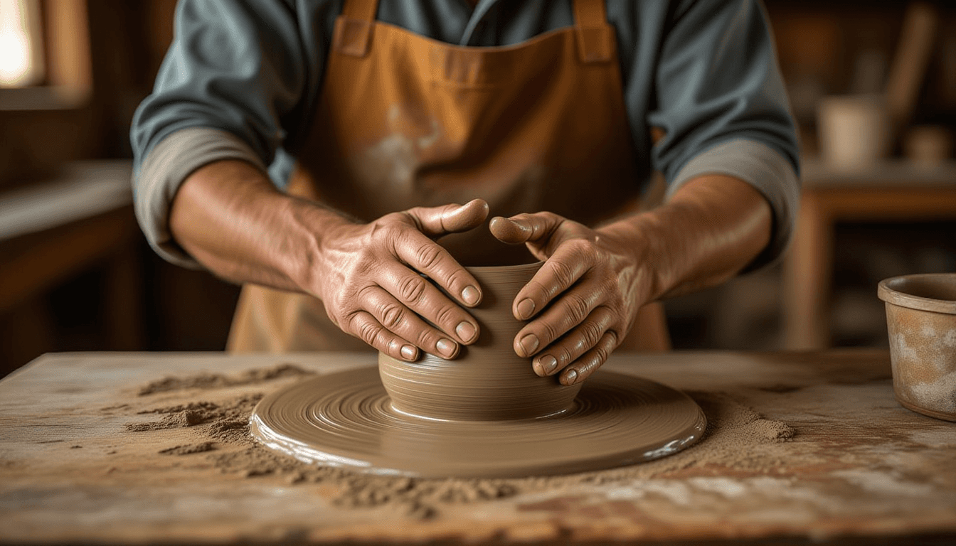 Golden hour light warms weathered hands kneading dark, wet clay on a rustic wooden workbench, shallo