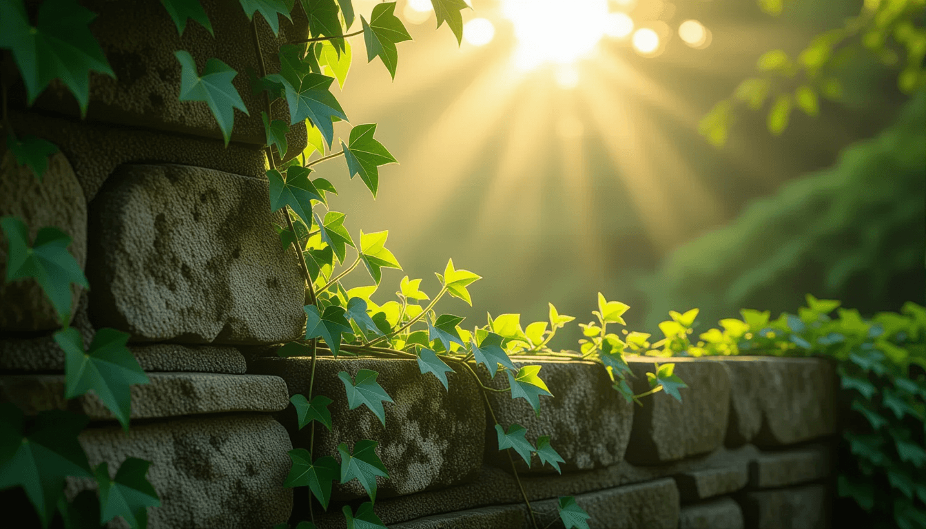 Sunlight filters through a dense canopy of ivy climbing a weathered stone wall, where vibrant new sh