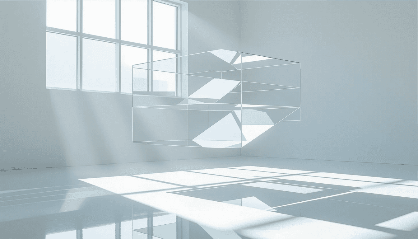 Sunlight pierces translucent acrylic planes at a shallow angle, revealing interlocking geometric lay