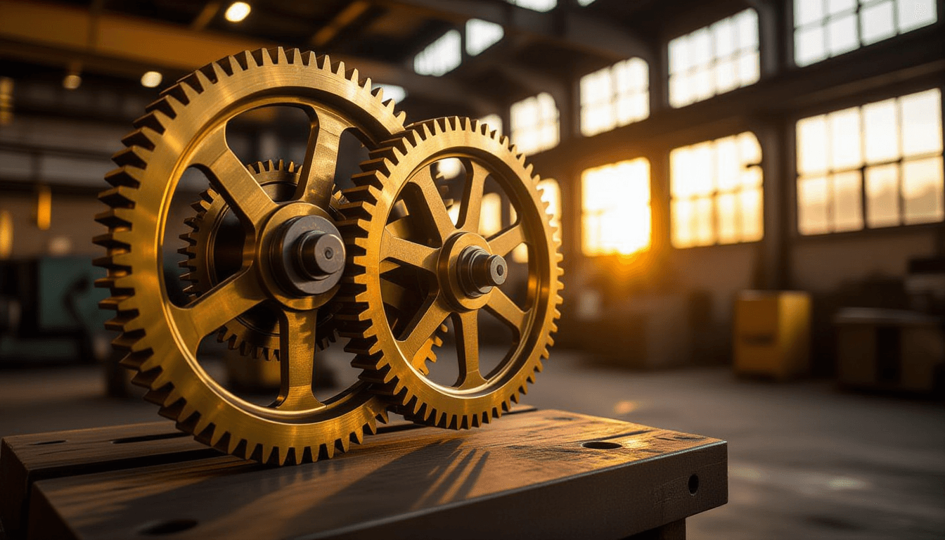 Golden hour light glints off interlocking steel gears in an industrial loft, capturing the precise k