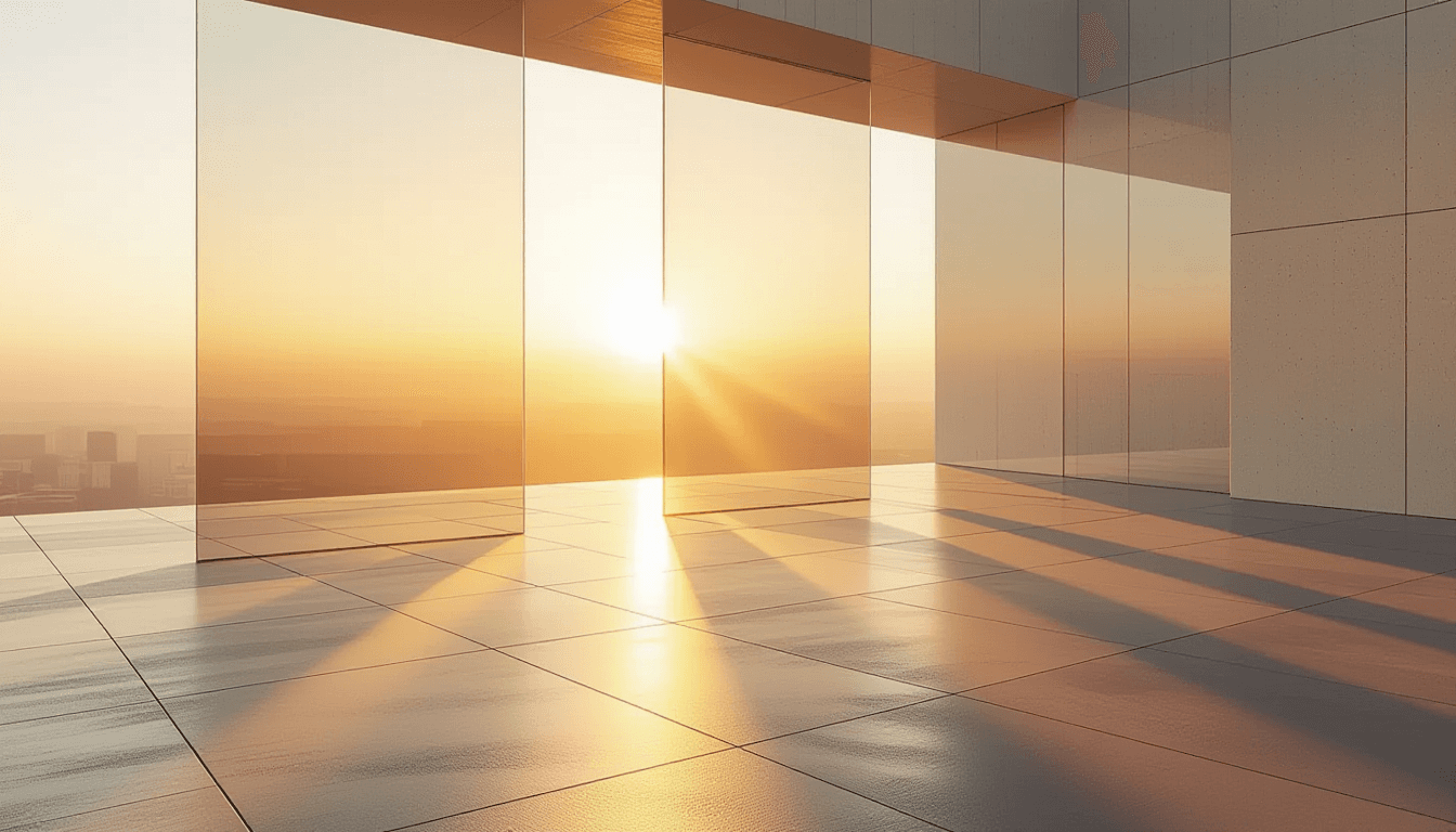 Sunset light filters through layered translucent geometric planes, casting sharp tessellated shadows
