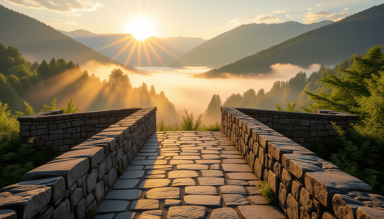Golden hour light spills over a sturdy stone bridge spanning a misty valley, symbolizing a clear, re