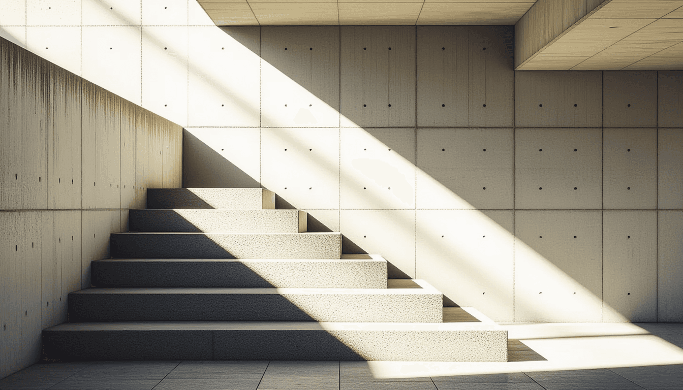 Sunlight pierces the shadowed underbelly of a brutalist concrete staircase, highlighting the rough a