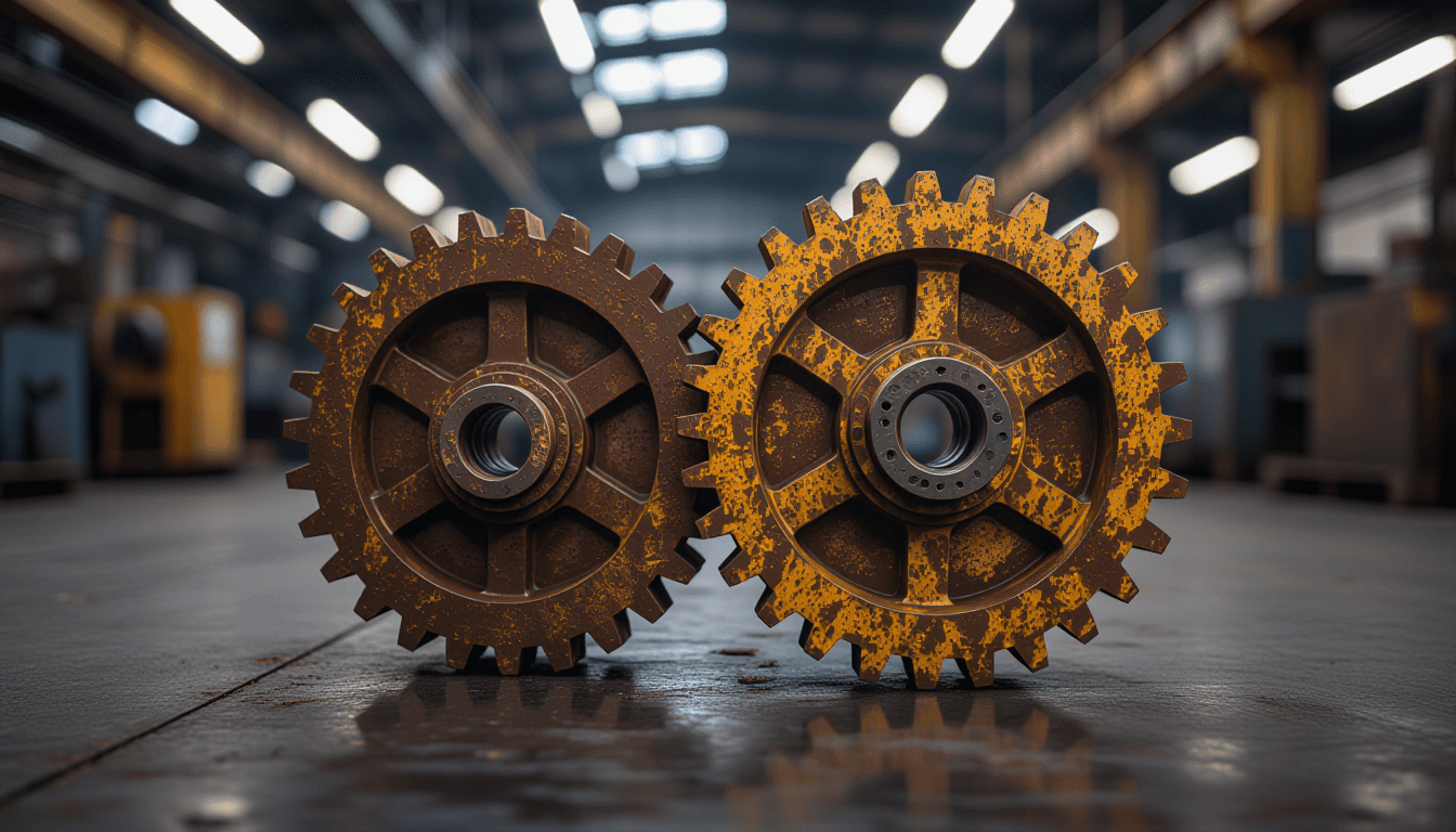 Rusted, interlocking industrial gears jammed under harsh fluorescent warehouse lighting, capturing t