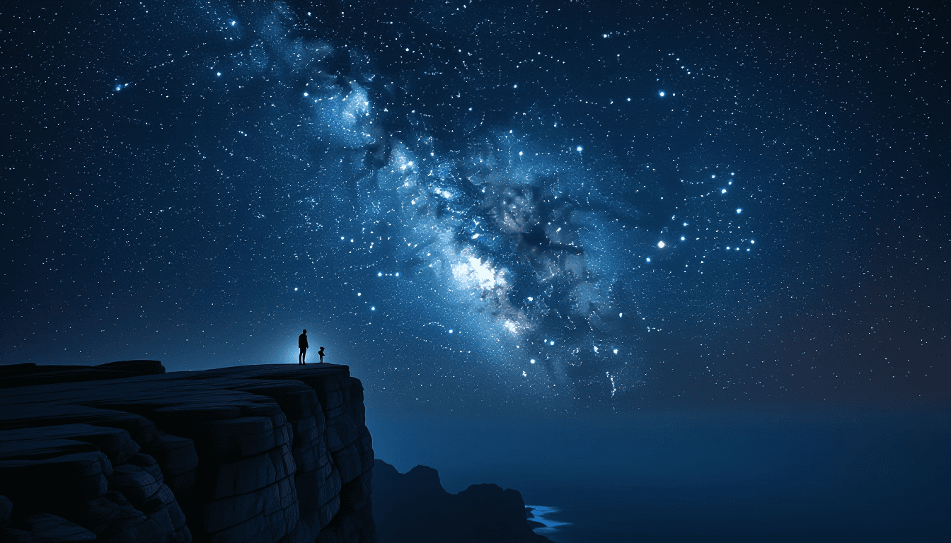 A tiny silhouette stands on a rugged cliff edge, dwarfed by a star-drenched night sky where the Milk