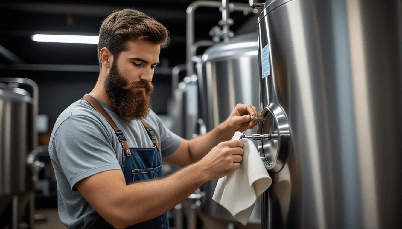 A bearded young brewer in a medium side-shot, standing beside a gleaming stainless-steel fermenter