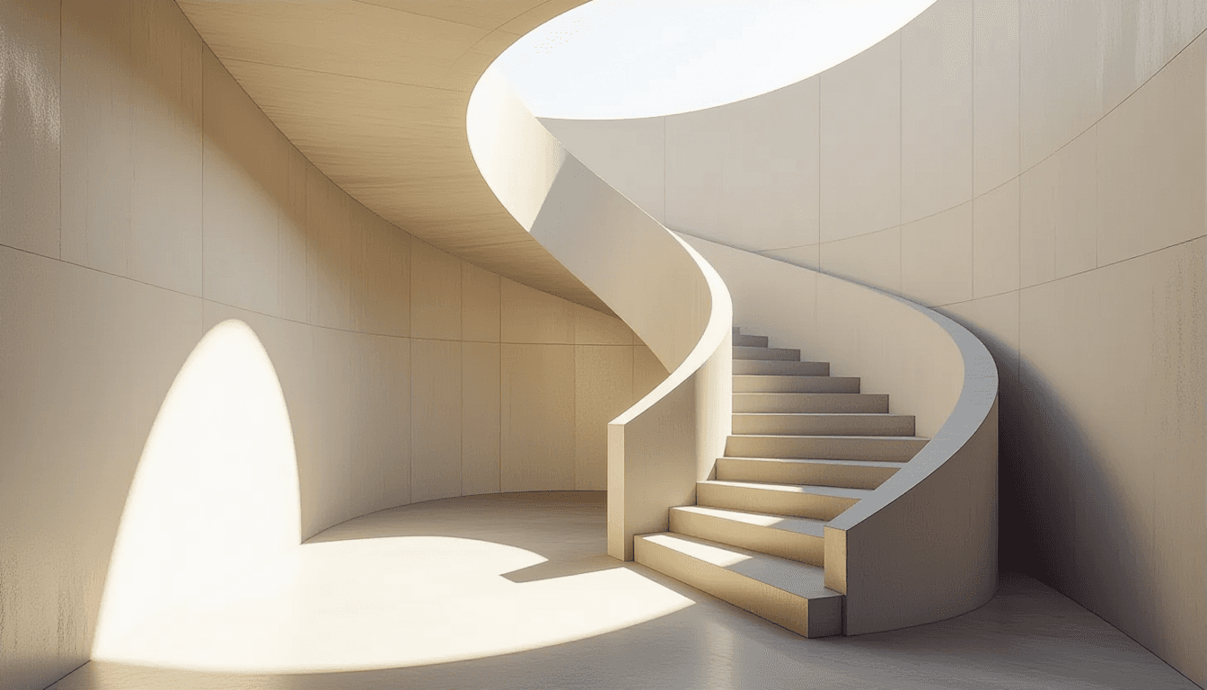 A concrete spiral staircase curves under sharp midday sun, its rigid geometric shadows creating a se