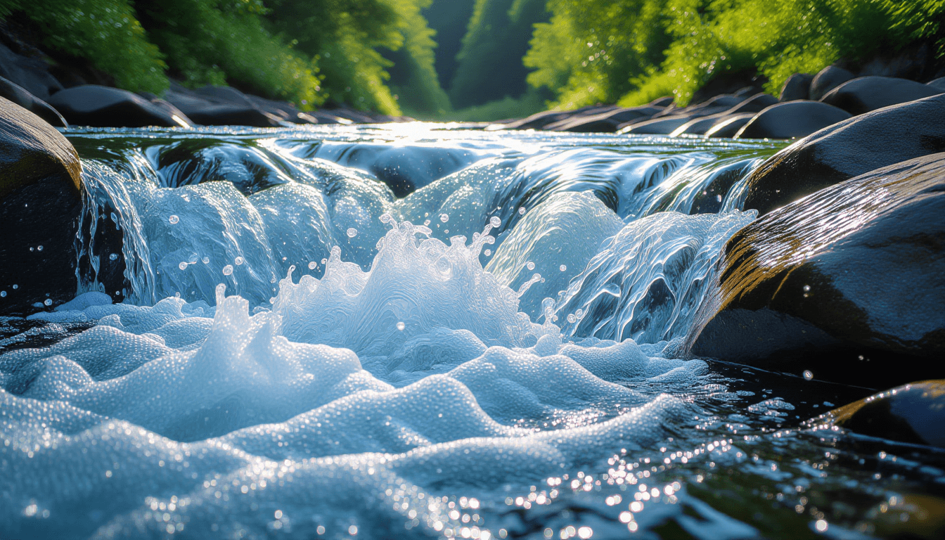 Sunlight catches the churning white foam of a river rapids as it tumbles over smooth, wet stones, ca