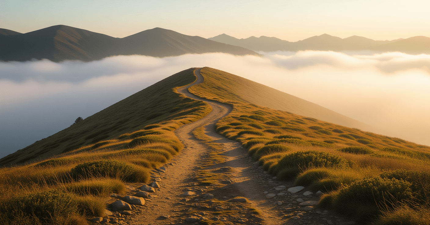 Winding mountain trail disappearing into mist, symbolizing the complex journey of navigating AI mark