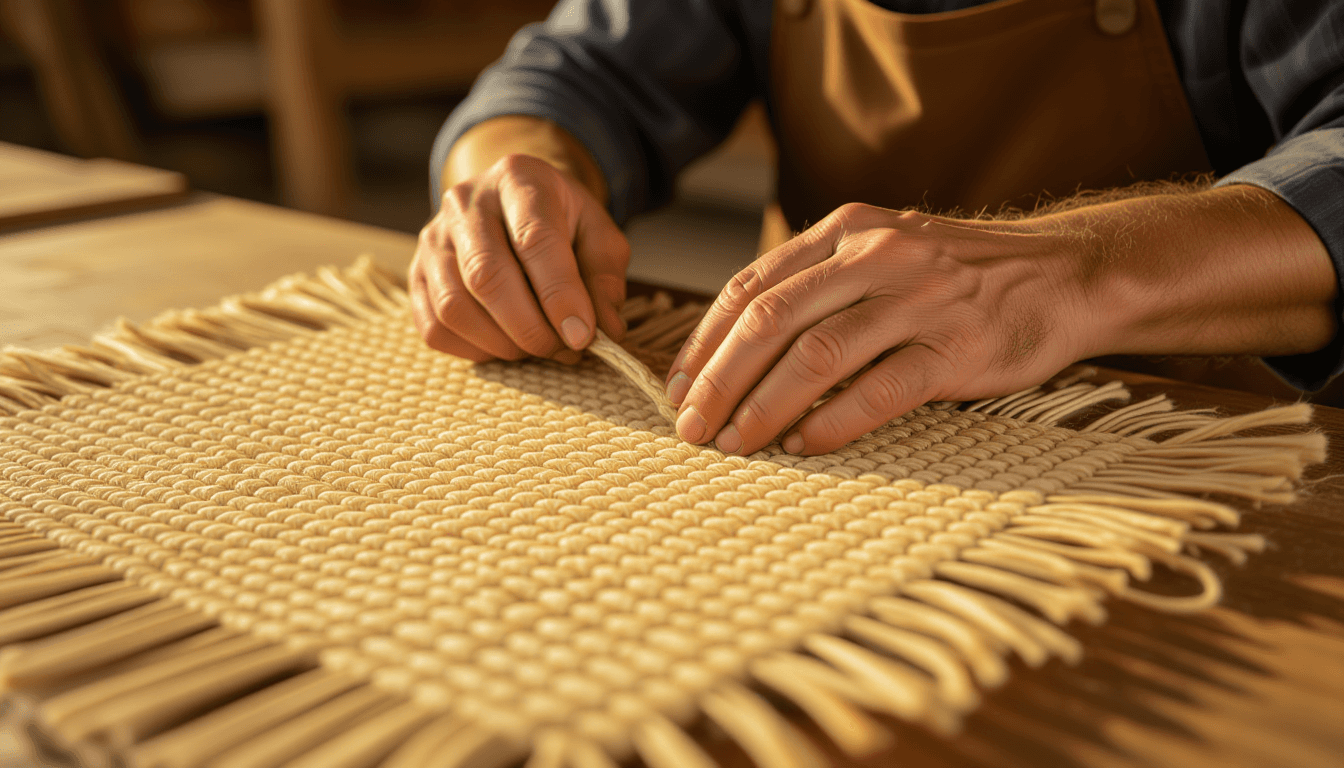 Golden hour light washes over calloused hands meticulously weaving raw fiber into a tight, intricate