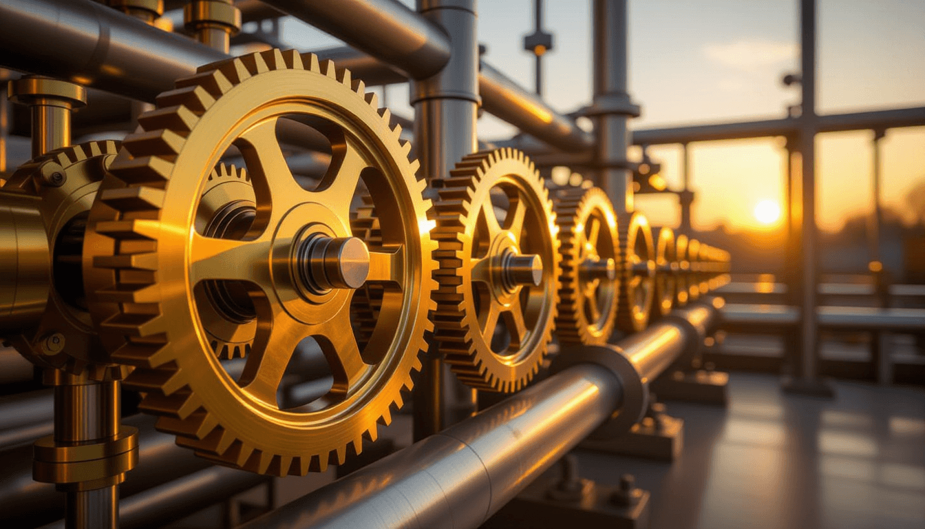 Sunset light catches brass gears interlocking with polished steel pipes, their kinetic motion blurre