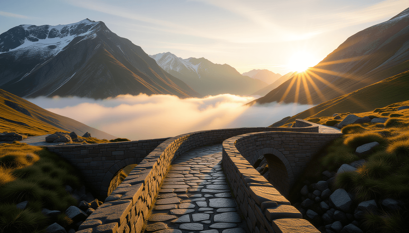 Golden hour light illuminates a narrow stone bridge spanning a misty valley chasm, connecting two ru