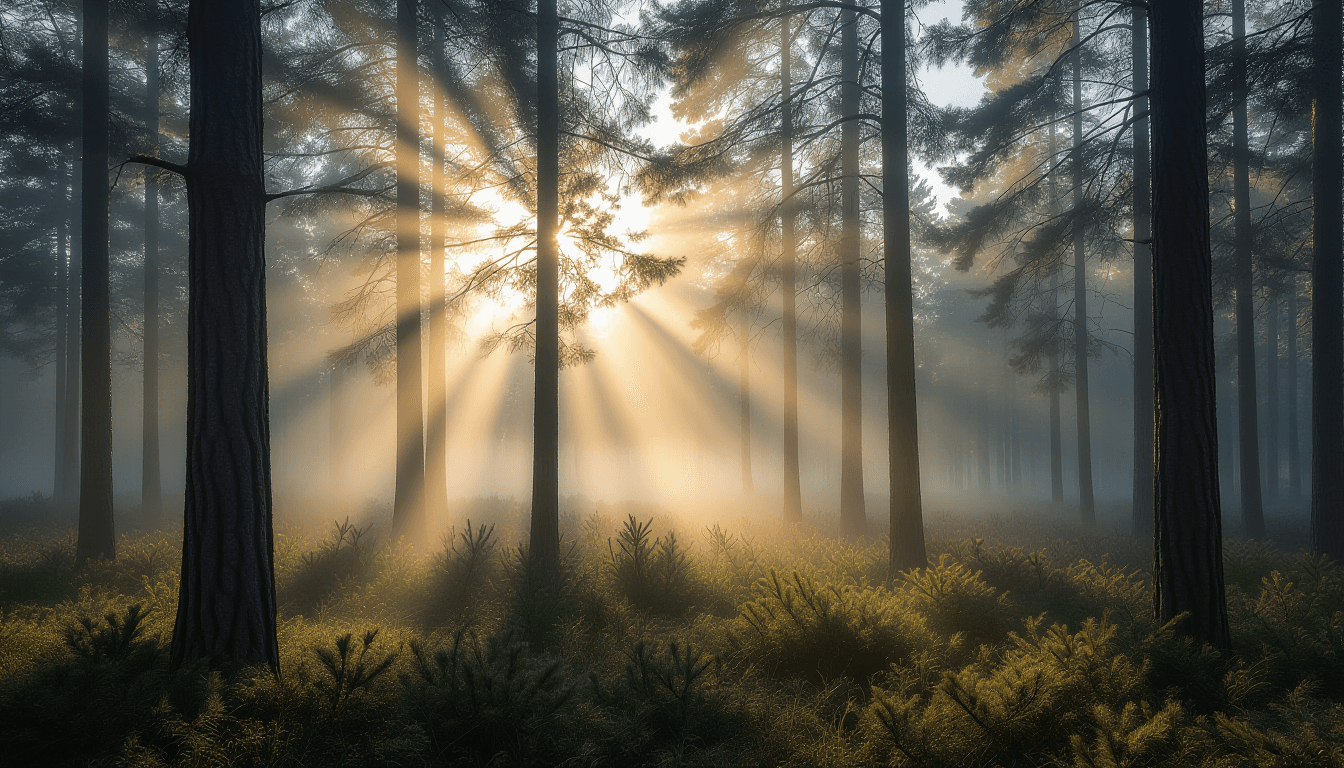 Early morning fog rolls through a dense pine forest, pierced by sharp, volumetric sunbeams that illu