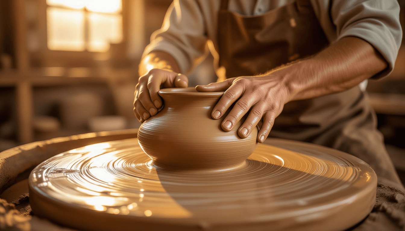Golden hour light glints off wet clay as artisan hands press firmly into a spinning wheel, shaping a