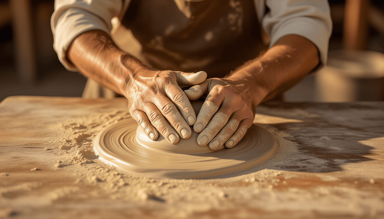 Golden hour light catches weathered hands kneading raw clay on a rustic wooden table, shallow depth