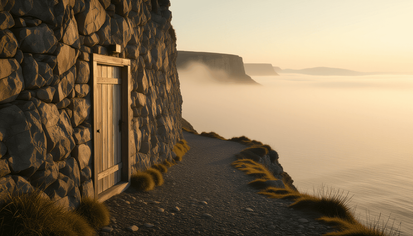 A narrow, gravel path winds precariously along a mist-shrouded cliff edge, leading toward an open wo