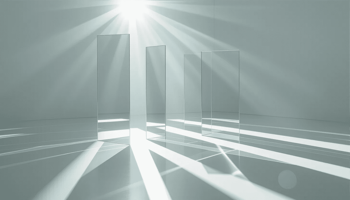 Sunlight fractures through layered translucent acrylic planes suspended in a sterile white studio, c