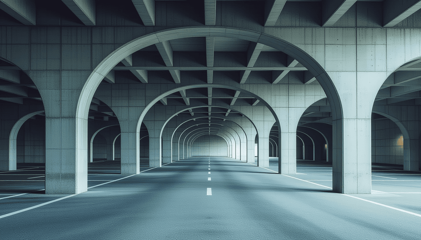 Overcast diffused light washes over a brutalist concrete parking structure, its repetitive geometric